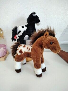 AURORA Western Spotted Brown & White Pony Plush & LINZY Black & White Pony Plush
